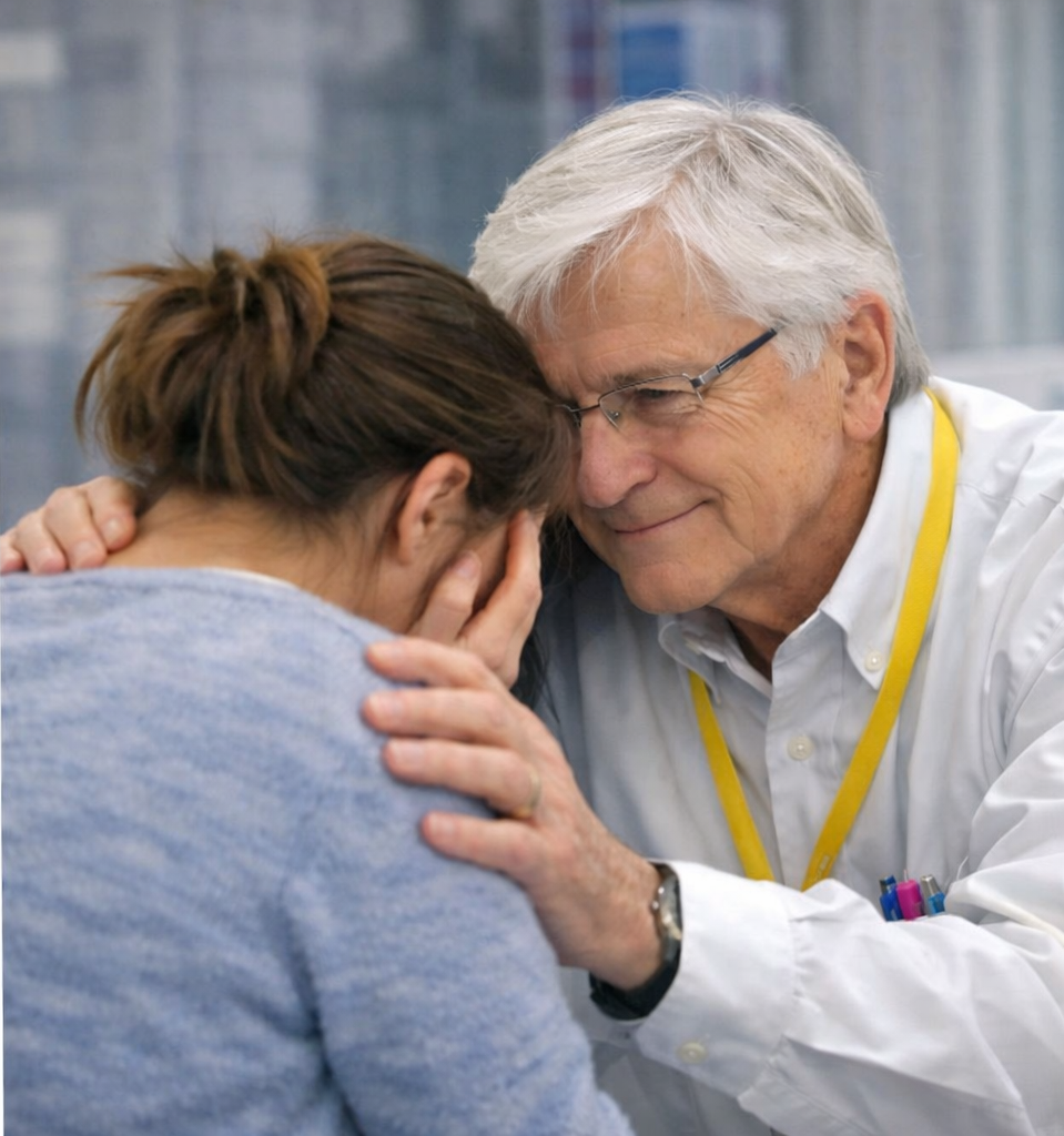 Chaplain Steven St John listening and comforting someone